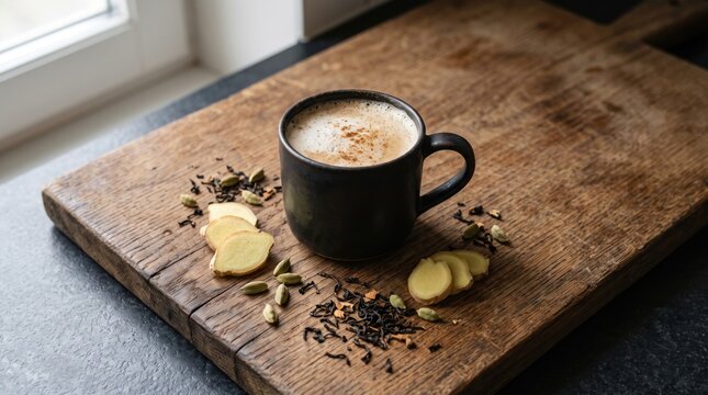 Steaming cup of hot ginger tea with milk foam and cinnamon powder placed on rustic wooden cutting board, surrounded by fresh sliced ginger root, green cardamom pods, and loose
