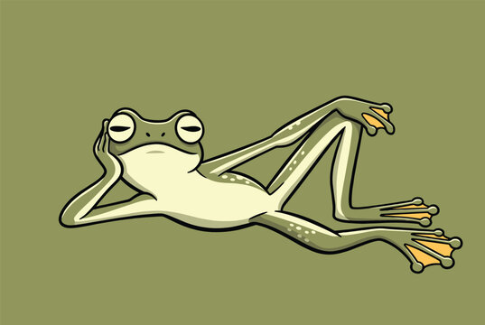 Funny illustration of a slender green frog lounging in a relaxed pose with its head resting on its hand and legs crossed.