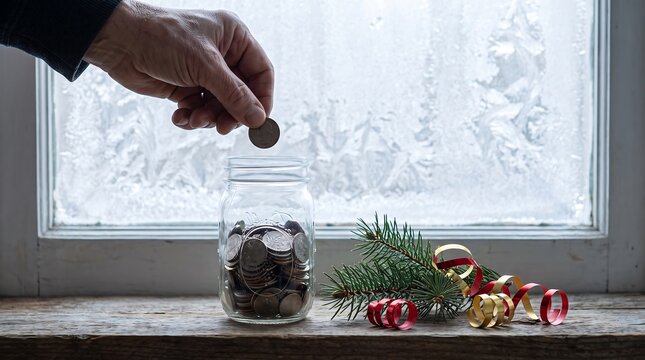 Senior hand putting coin into glass jar for winter savings and holiday budget planning