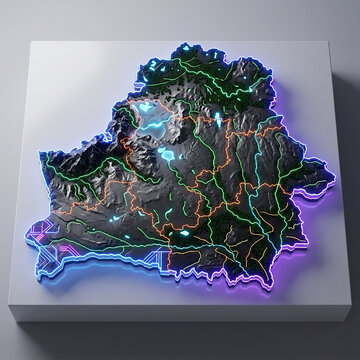 Decorative wall art map of belarus illuminated with colorful neon lights on a white background