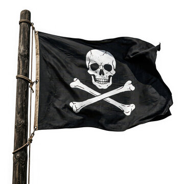 Pirate flag with skull and crossbones symbol waving on a wooden pole isolated on transparent background