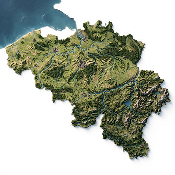 Satellite view of belgium showing detailed terrain geography and landscape features isolated on a white background