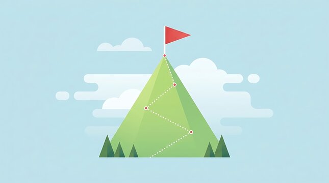Mountain peak with flag and hiking trail path, business success and achievement concept.