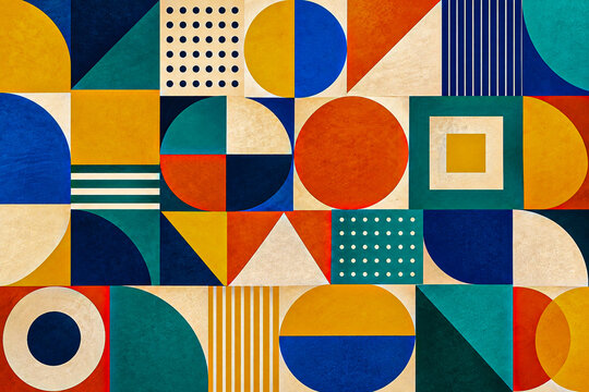 Geometric pattern with circles squares and triangles on a textured background