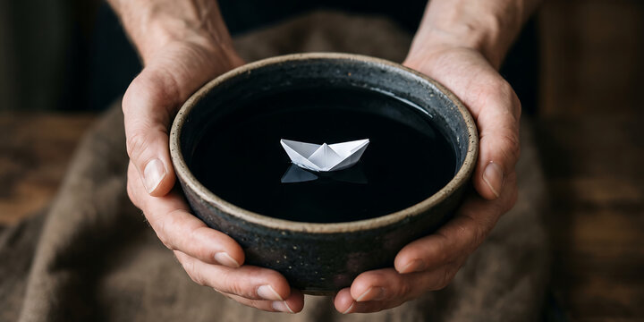 Hands holding rustic ceramic bowl filled with dark reflective water carrying small white origami paper boat representing inner peace and hope concept.