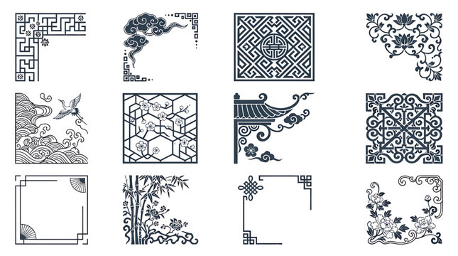Set of traditional Chinese decorative frames and corner elements with oriental patterns.
