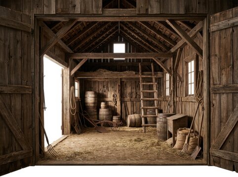 Rustic barn interior with wooden shelves and tools