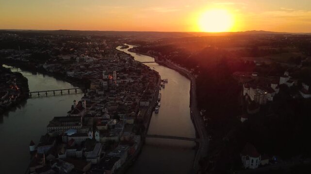 Aerial orbit at high altitude over the old town of Passau, Germany