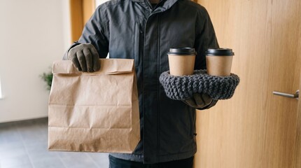 Naklejka premium A person in gloves holds takeaway coffee cups and a paper bag. Concept for delivery, takeaway, and warmth on International Coffee Day, highlighting convenience. Generative AI.