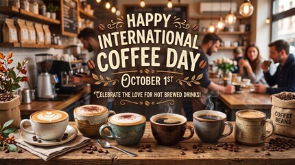 Naklejka premium A cozy cafe celebrating International Coffee Day with diverse coffee cups and warm decor. Concept highlights coffee culture and social gatherings, ideal for cafe and lifestyle promotions. Generative