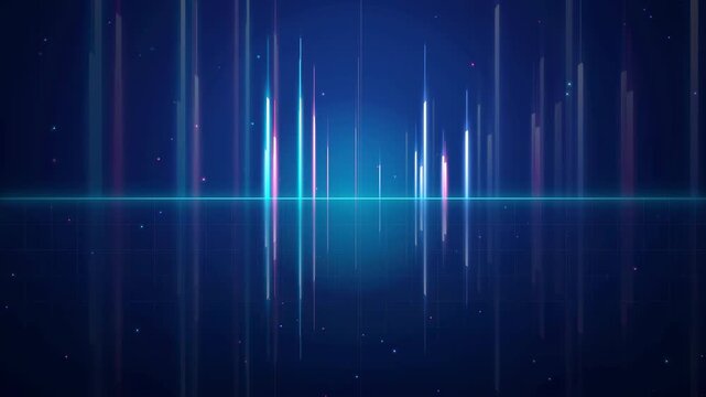 Abstract Digital Audio Spectrum with Glowing Neon Blue and Pink Light Bars on Dark Background
