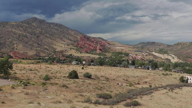 Wide view of Red Rock amphitheatre from a distance drone video Denver 4K