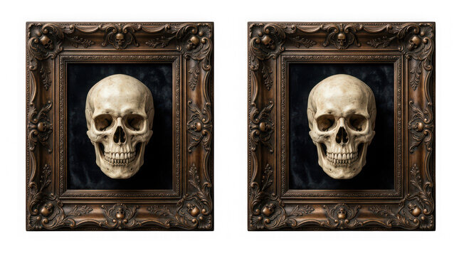 Two realistic human skulls mounted in ornate antique bronze frames, isolated on transparent background