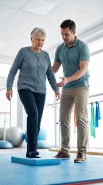 Determined senior woman practicing balance exercise with physical therapist in modern clinic
