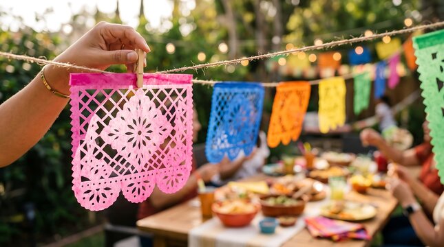 Hand hanging colorful Mexican papel picado banner for outdoor fiesta party celebration