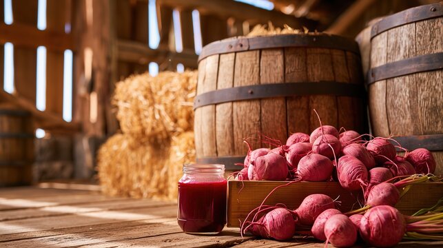 Fresh red beets in wood barrels with syrup jar inside a rustic barn setting