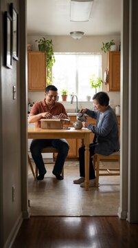 Caring son helping senior mother unpack home health care package at kitchen table