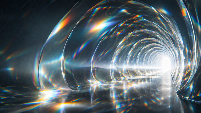 Illuminated tunnel with iridescent reflections creates a futuristic abstract scene
