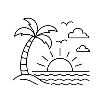 Tropical island beach sunset palm tree ocean line art on transparent background.