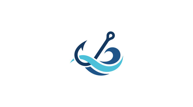 Minimalist fishing hook and ocean wave logo vector icon for marine and sport fishing identity.