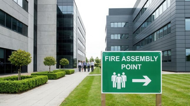 Group of business people walking towards a fire assembly point sign