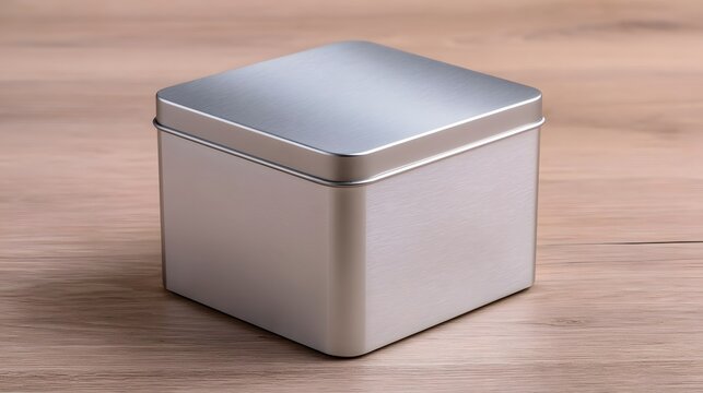 A brushed metal square tin with lid sits on a light wood surface  showing clean lines and minimalist design