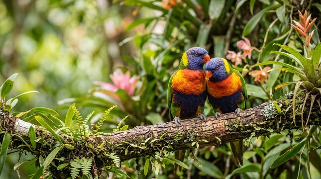 Pair of colorful rainbow lorikeet parrots perched together on a mossy branch in a lush tropical rainforest