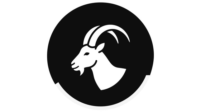 Minimalist goat head vector icon on circular black background, flat design ibex symbol