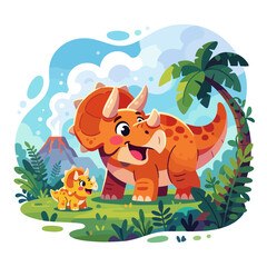 Cute cartoon triceratops dinosaur mother and baby in a prehistoric jungle landscape. © md