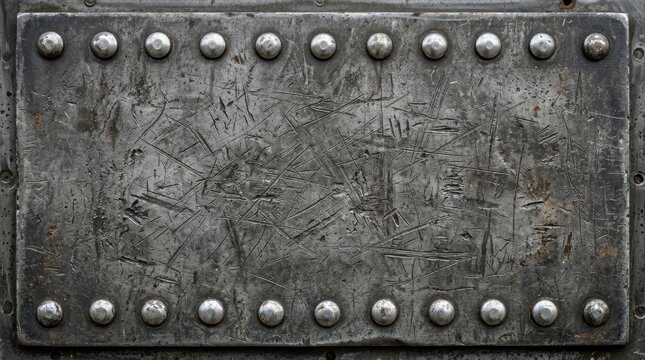 Heavily Scratched and Weathered Steel Plate with Rivets, Industrial Grunge Texture Background