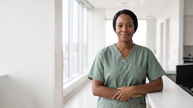 Confident nurse standing with arms crossed smiling in bright hospital hallway
