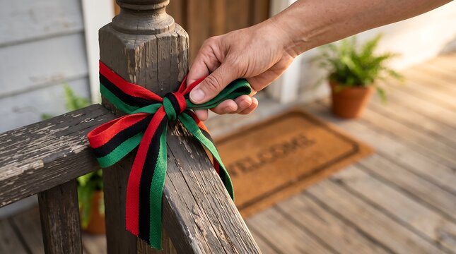 Hand tying red black and green ribbon on porch railing for Juneteenth celebration