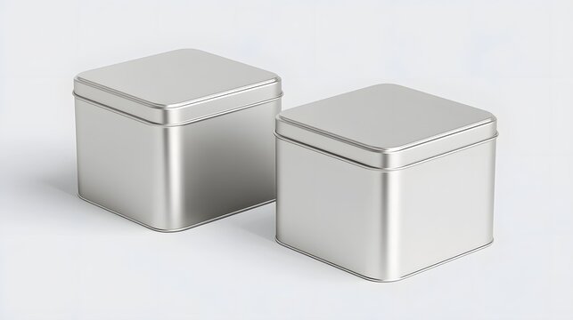 Two silver square metal tins with lids  minimalist design  clean white background  product packaging mockup  commercial use