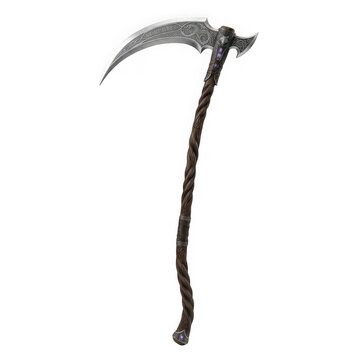 Fantasy battle scythe with intricate metal blade and twisted wooden handle isolated on transparent background