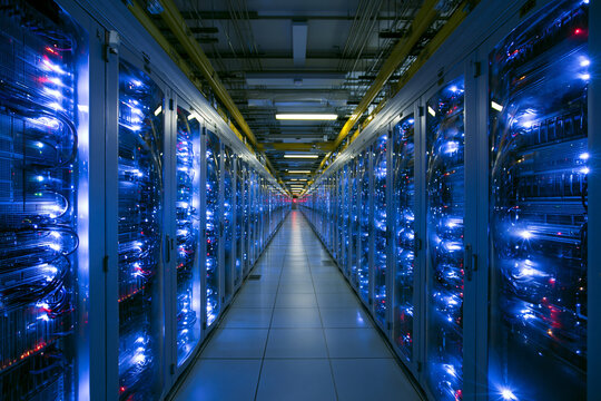 Modern Data Center Corridor with Glowing Server Racks