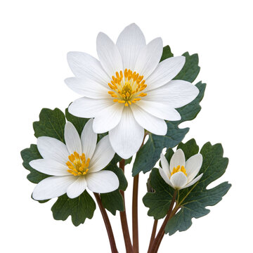 Bloodroot (Sanguinaria canadensis&mdash; rare white petals with golden centers, ultra-sharp detail isolated on transparent background