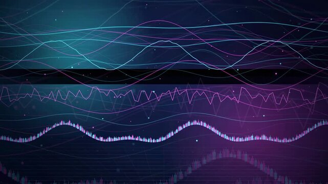 Abstract digital data visualization with glowing neon wave lines and frequency spectrum on dark background