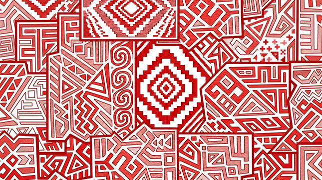 Red and white geometric pattern featuring intricate lines, diamonds, curves, and angular forms arranged into a bold decorative composition.
