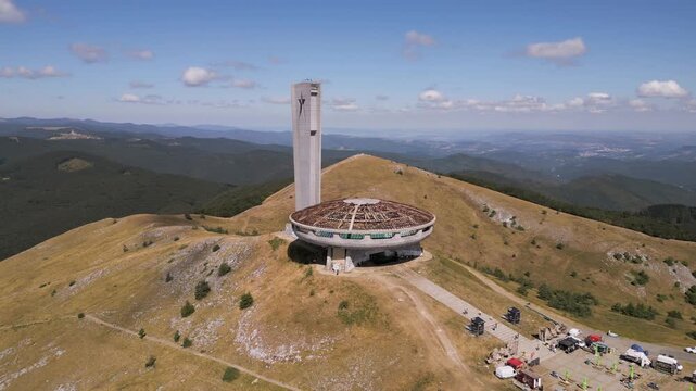 Aerial View of Buzludzha Monument Peak and Balkan Mountains, Bulgaria