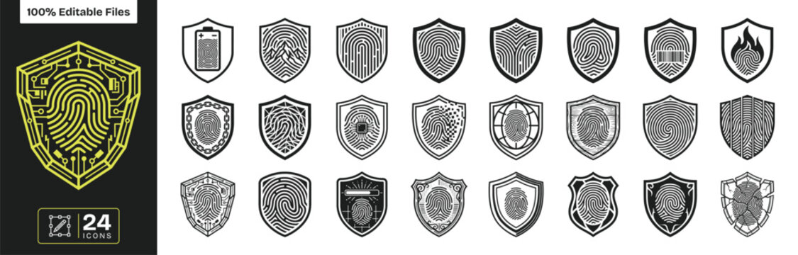 Fingerprint Shield Security Icon Set with 24 Editable Biometric Protection Icons