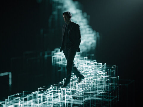Businessman Walking on Futuristic Glowing Digital Cube Pathway