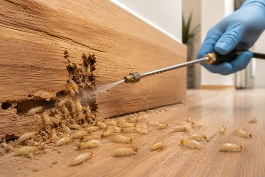 Professional termite treatment and termite control for severe termite infestation and wood damage in residential home with commercial pest control technician spraying affected wooden baseboard
