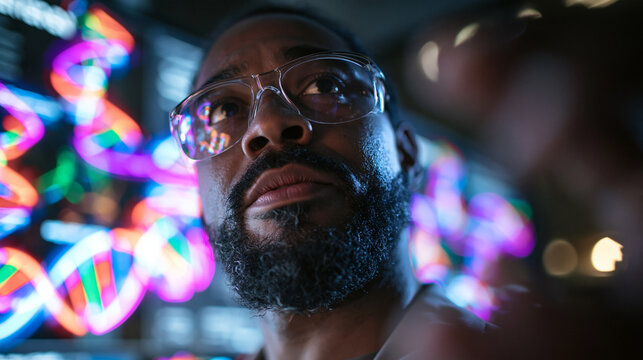 Focused Scientist Analyzing DNA Genetic Data in Futuristic Laboratory