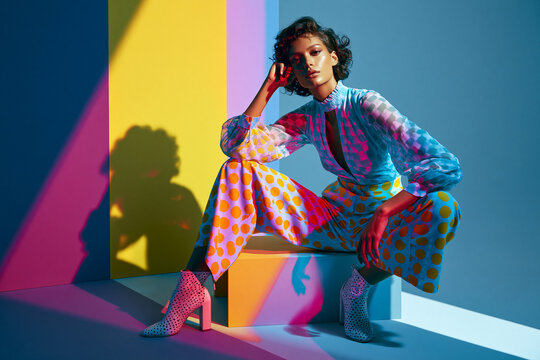 Stylish Fashion Model in Colorful Outfit Posing in Studio
