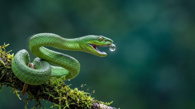 Green Pit Viper Catching Water Drop on Branch