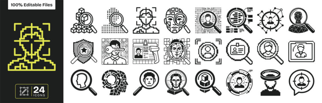 Facial Recognition and Identity Search Icon Set, 24 Editable AI Data Scanning Icons