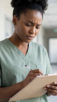 Focused nurse writing notes on clipboard with concerned expression in hospital corridor
