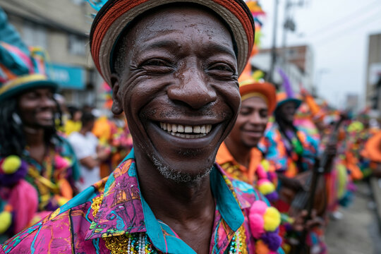 Joyful Man in Colorful Costume Smiling at Street Carnival