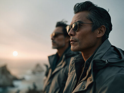 Mature Men in Sunglasses Looking at Sunset by Ocean Coast