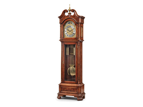 Vintage wooden grandfather pendulum clock with brass dial and glass door isolated on white background 3D rendering